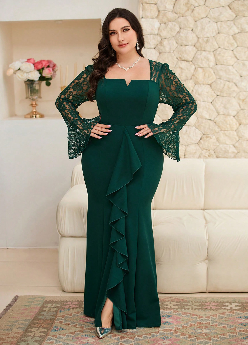 Зеленое праздничный, вечернее платье годе SHEIN однотонное