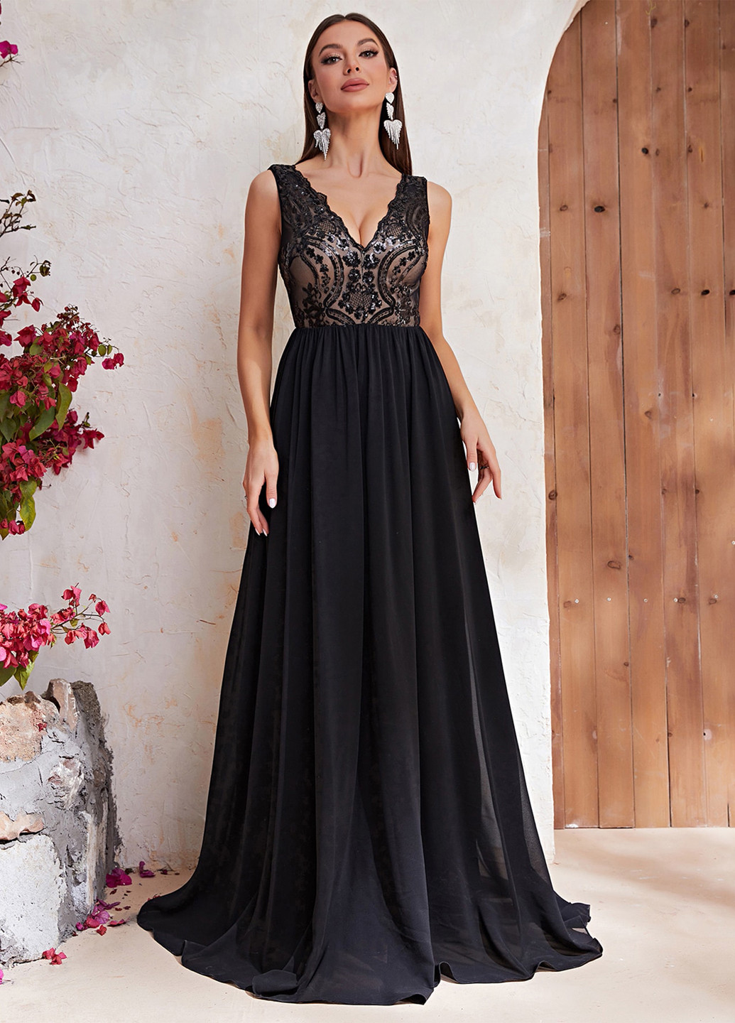 Чорна святковий, вечірня сукня зі шлейфом, а-силует SHEIN однотонна