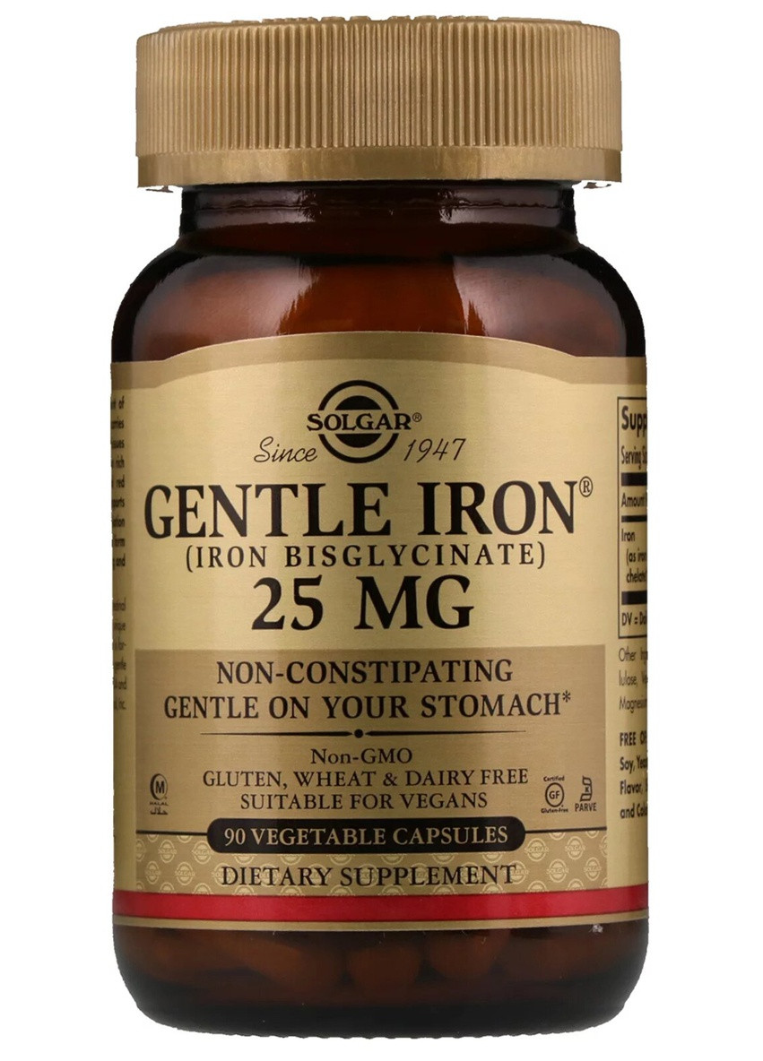 Хелатное железо, Gentle Iron,, 25 мг, 90 капсул Solgar (228291802)