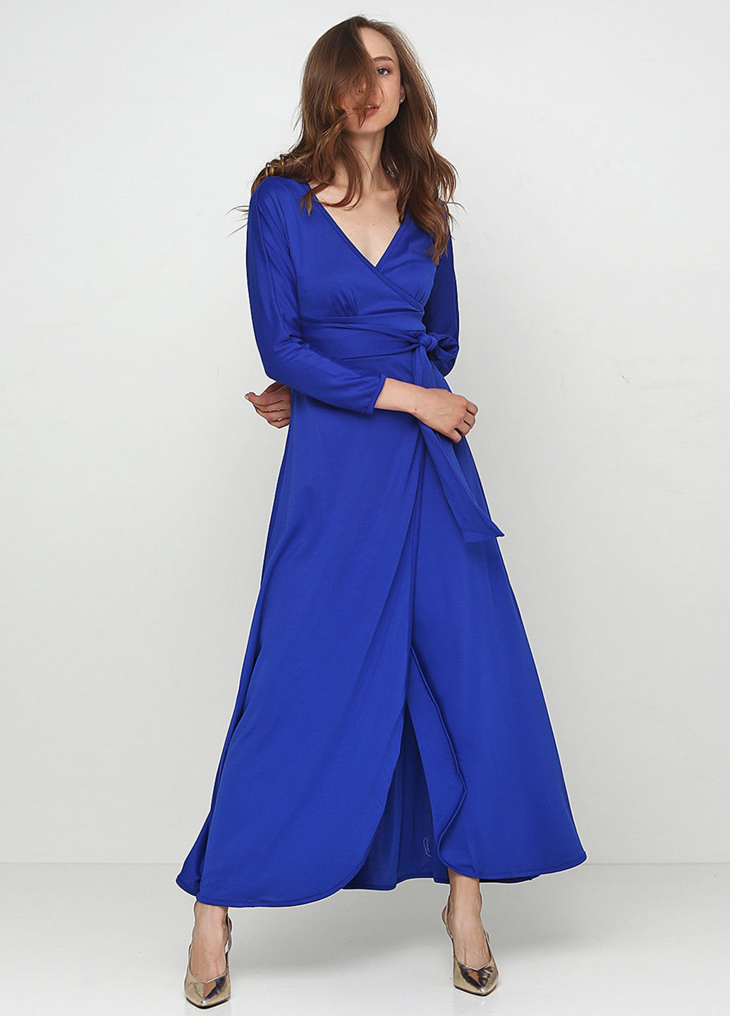 Синее вечернее платье на запах Jhiva однотонное