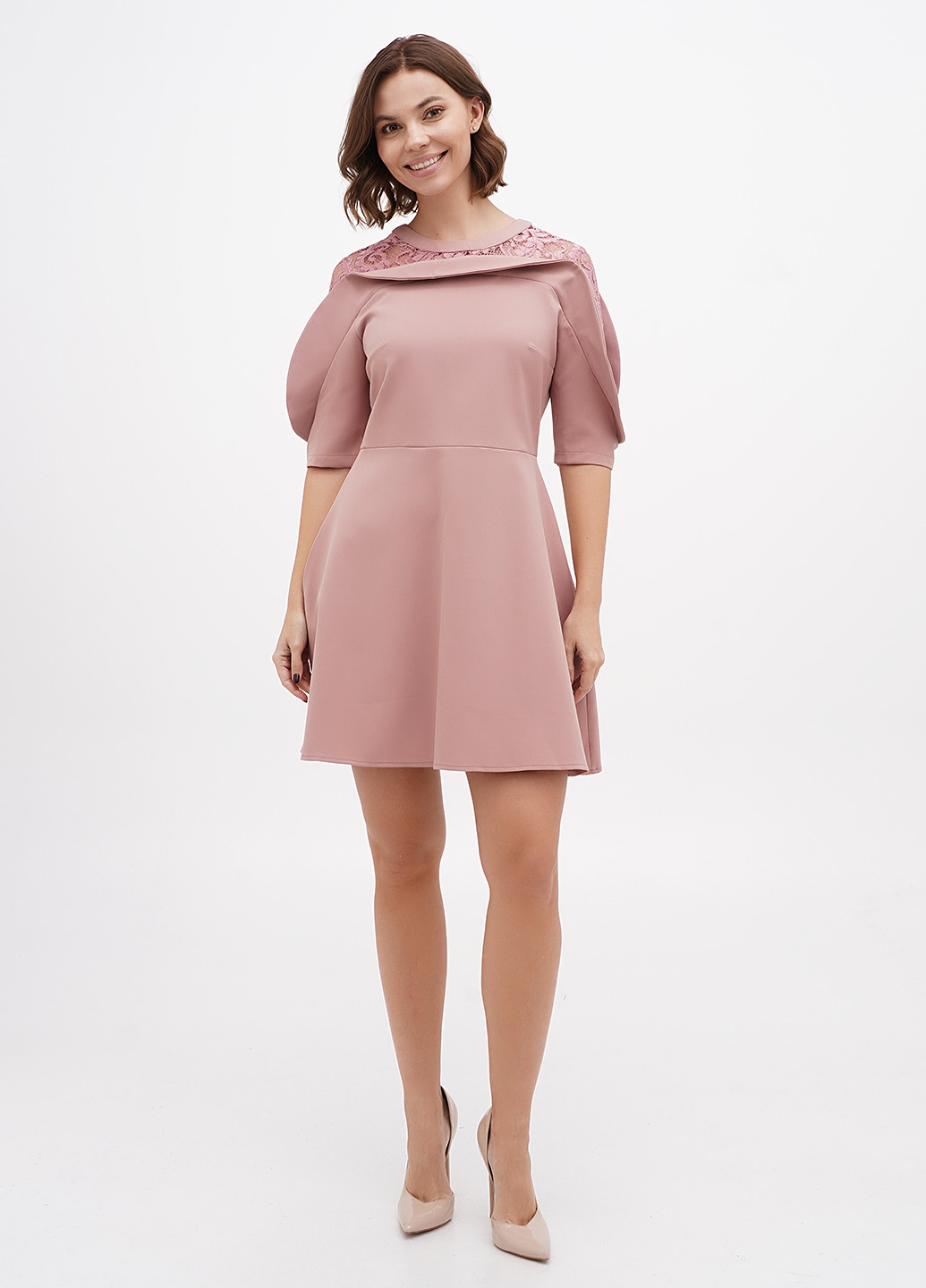 Пудровое кэжуал платье клеш Sassofono однотонное