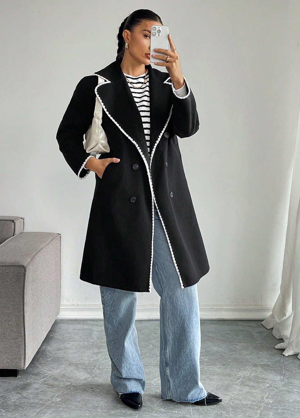 Черно-белое демисезонное Пальто двубортное SHEIN