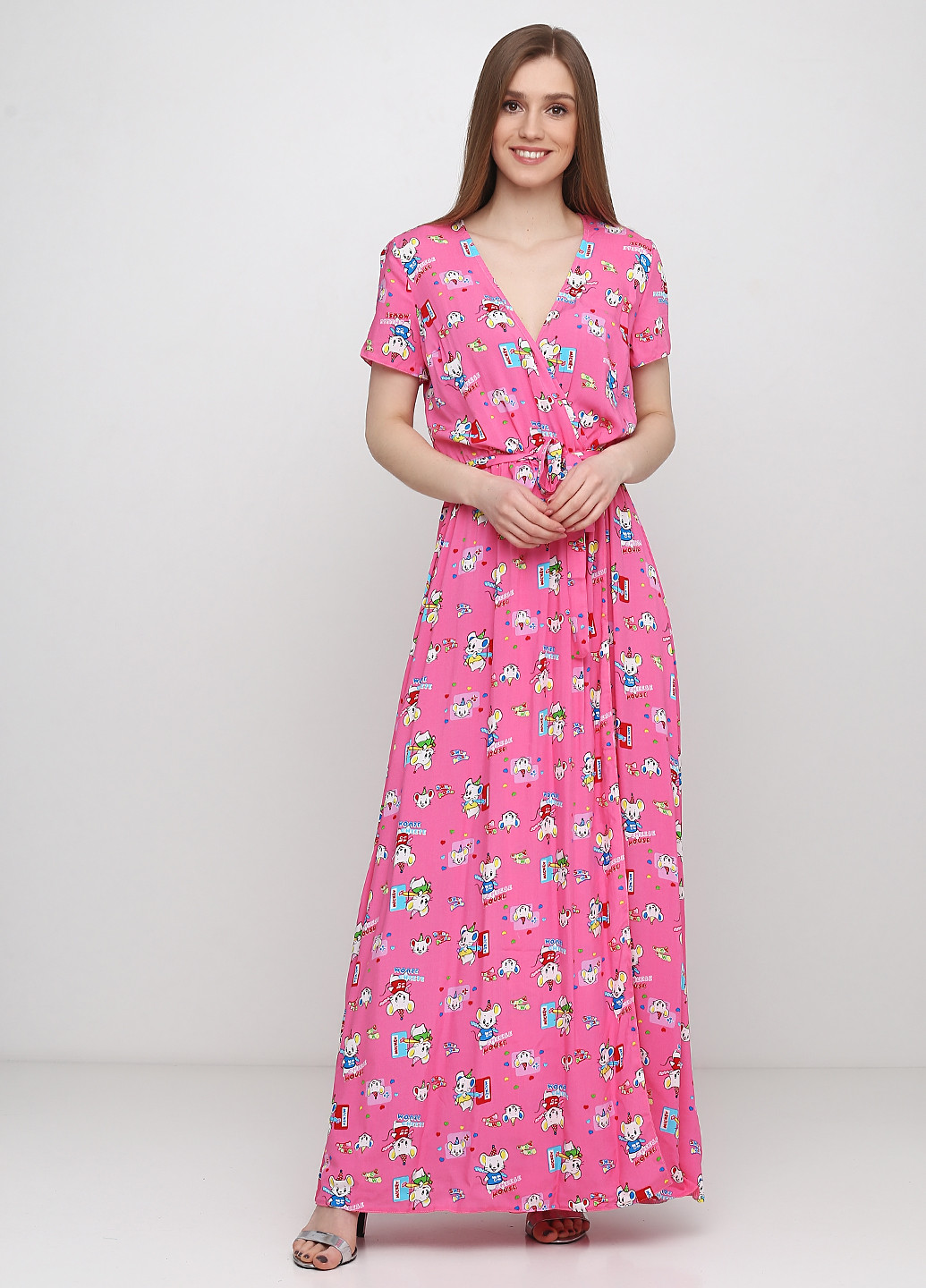 Розовое кэжуал платье на запах ANVI с рисунком