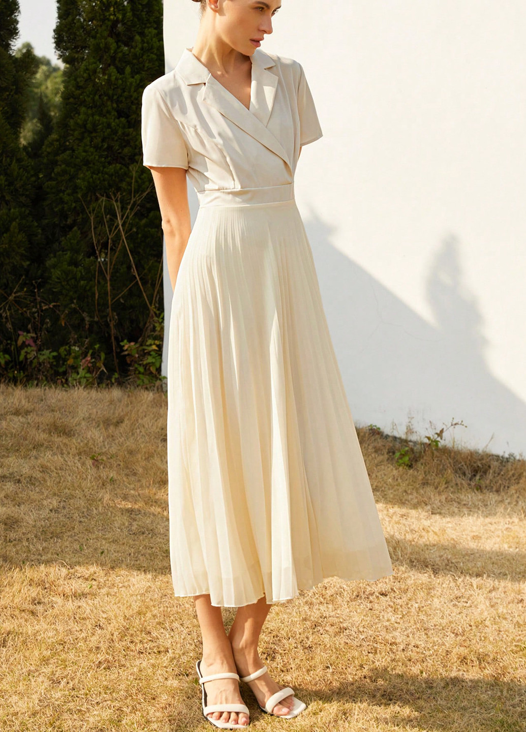 Кремова святковий, кежуал, ділова сукня сукня-сорочка, плісована SHEIN однотонна