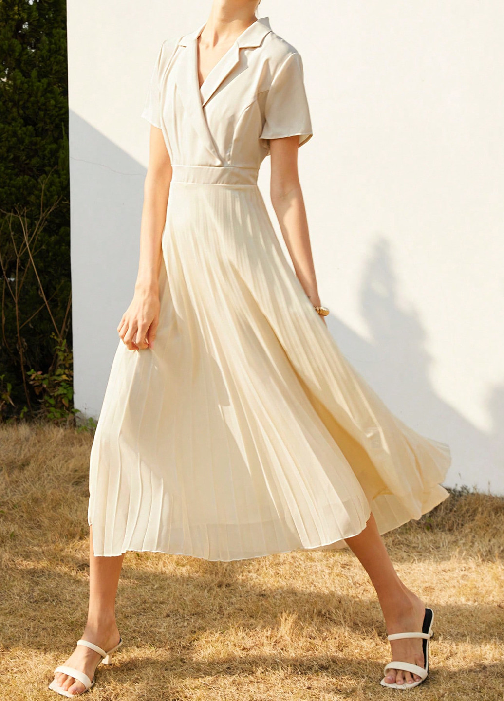 Кремова святковий, кежуал, ділова сукня сукня-сорочка, плісована SHEIN однотонна