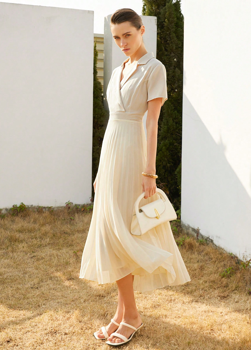 Кремова святковий, кежуал, ділова сукня сукня-сорочка, плісована SHEIN однотонна