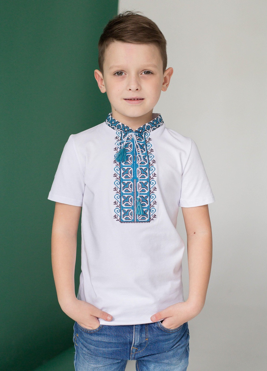 Вышиванка для мальчика с коротким рукавом Демьянчик синяя вышивка Melanika (228500226)
