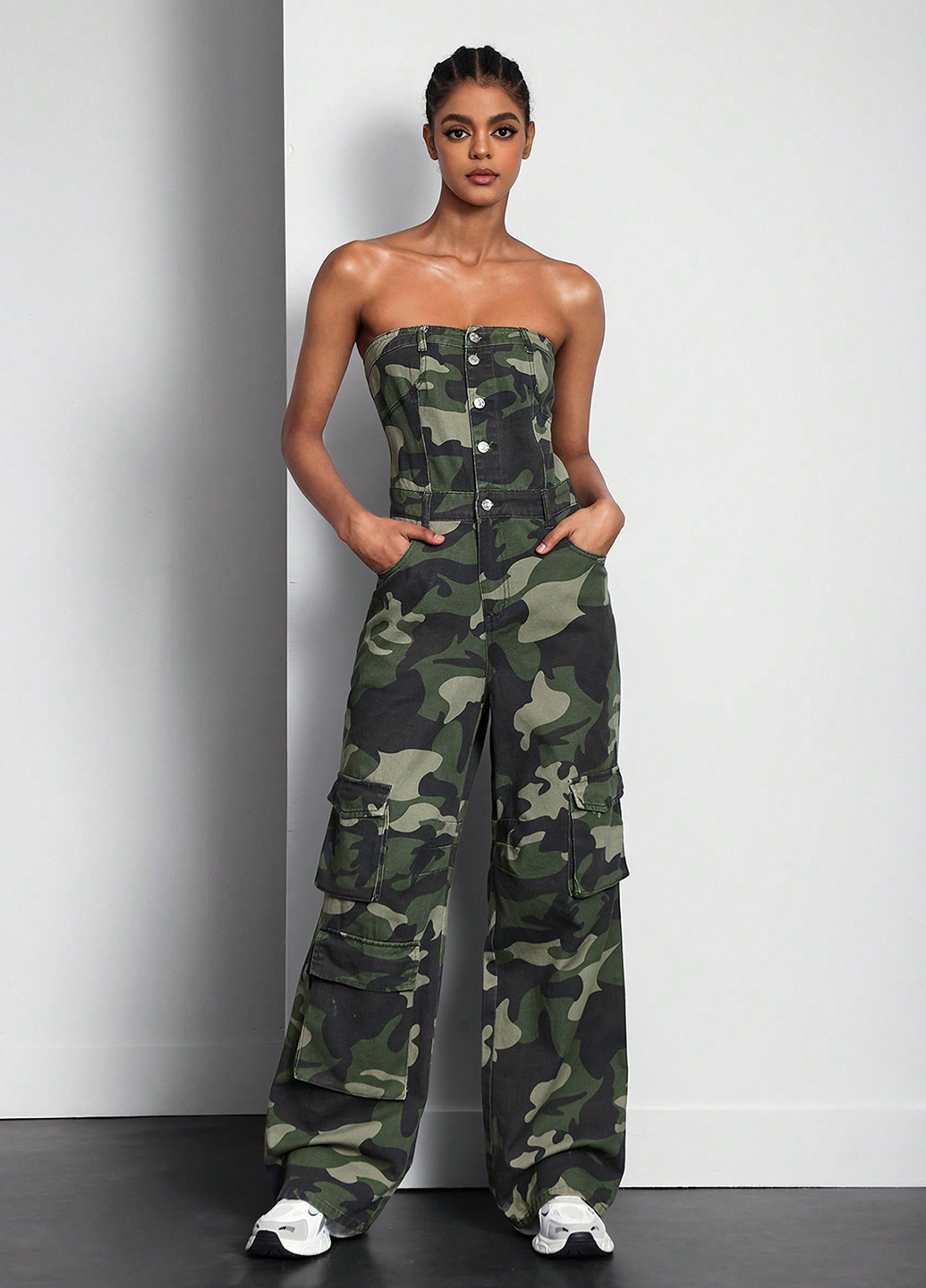 Комбінезон SHEIN комбінезон-брюки камуфляжний хакі джинсовий, кежуал бавовна, джинс