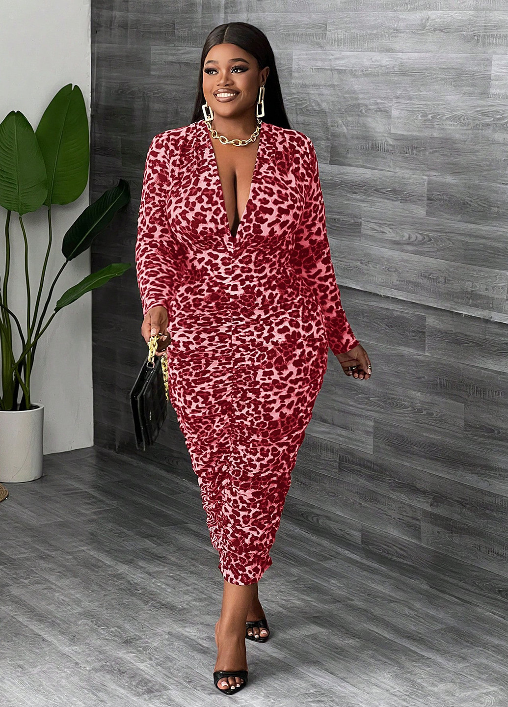 Красное кэжуал платье силуэтная SHEIN леопардовый