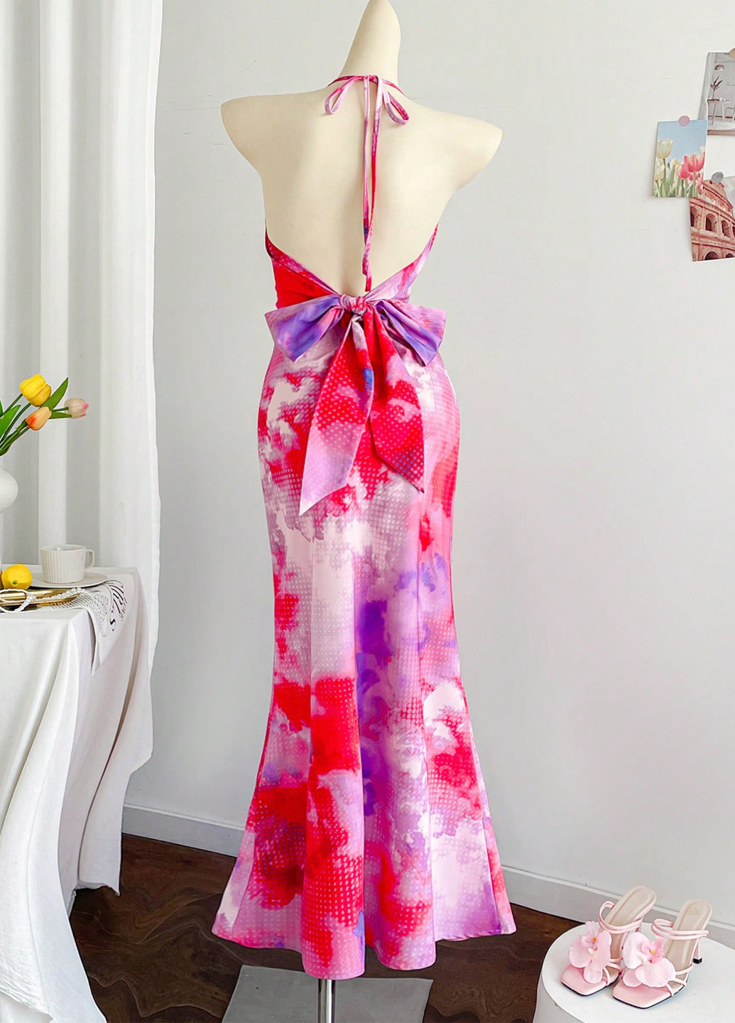 Комбинированное коктейльное, кэжуал платье годе, с открытой спиной SHEIN тай-дай