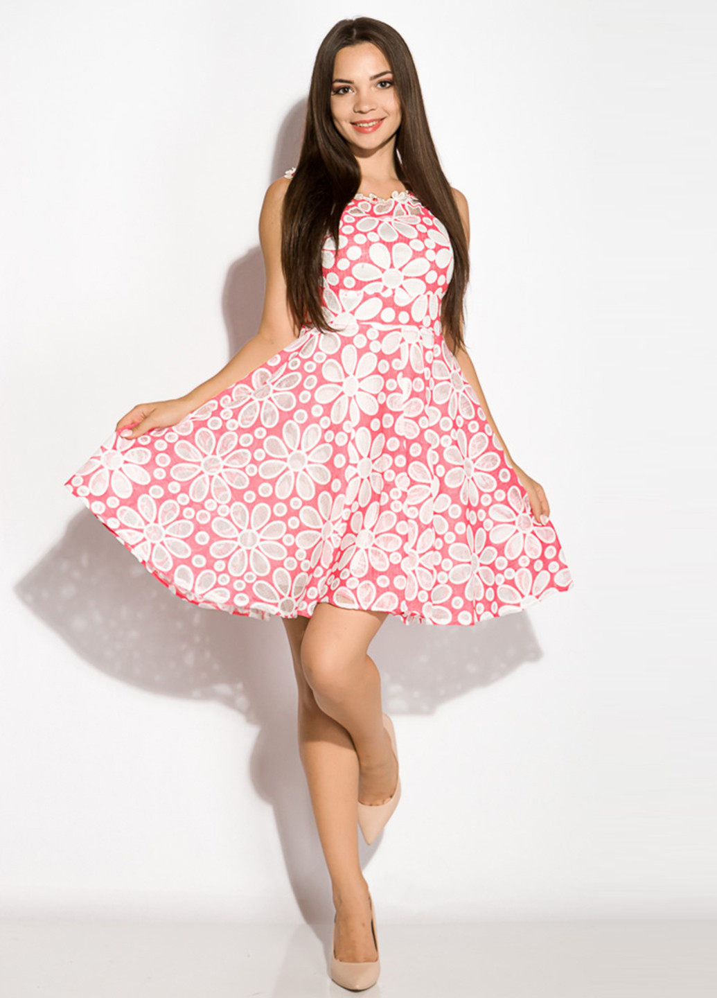 Розовое кэжуал платье клеш Time of Style с цветочным принтом