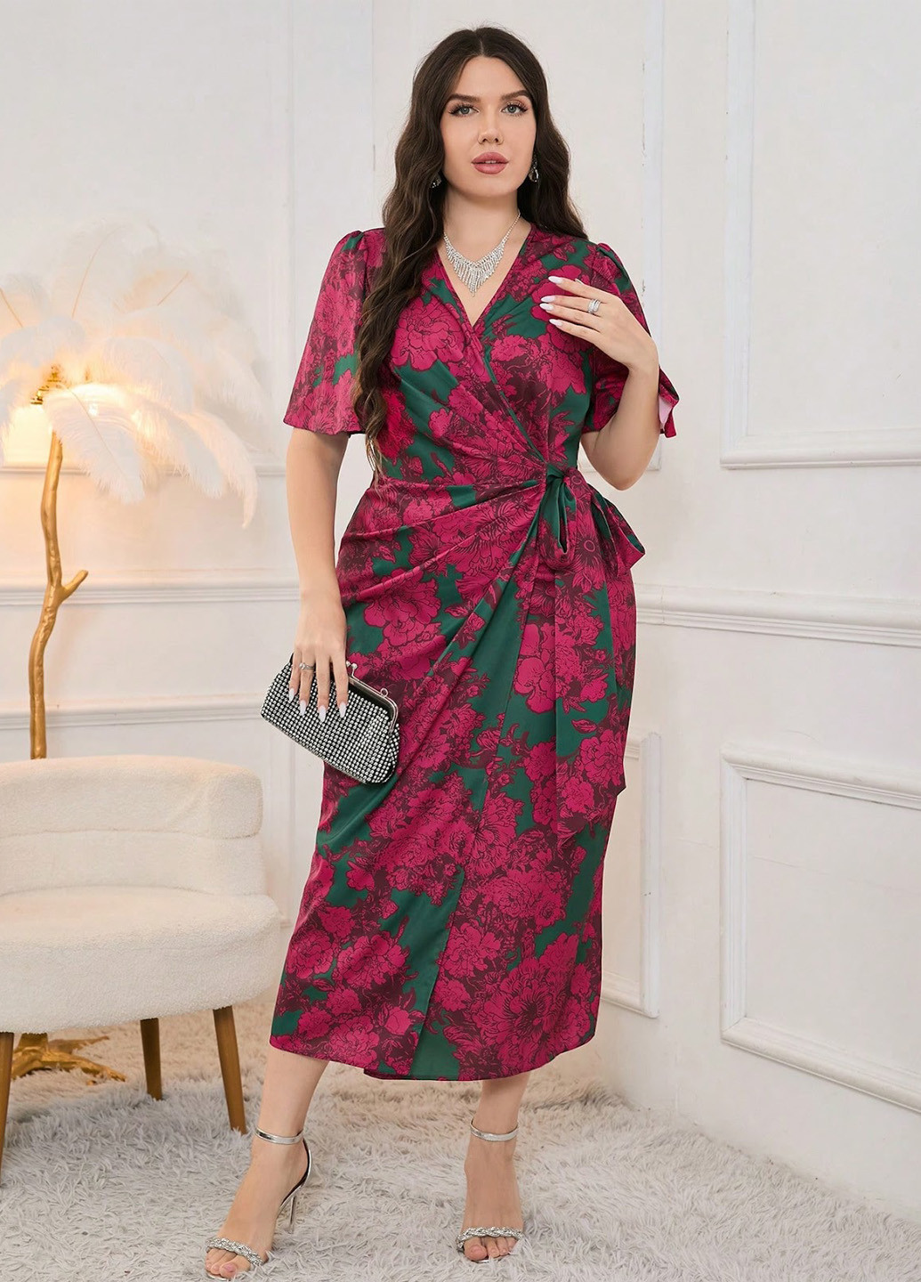 Комбінована ділова сукня на запах, футляр SHEIN з квітковим принтом