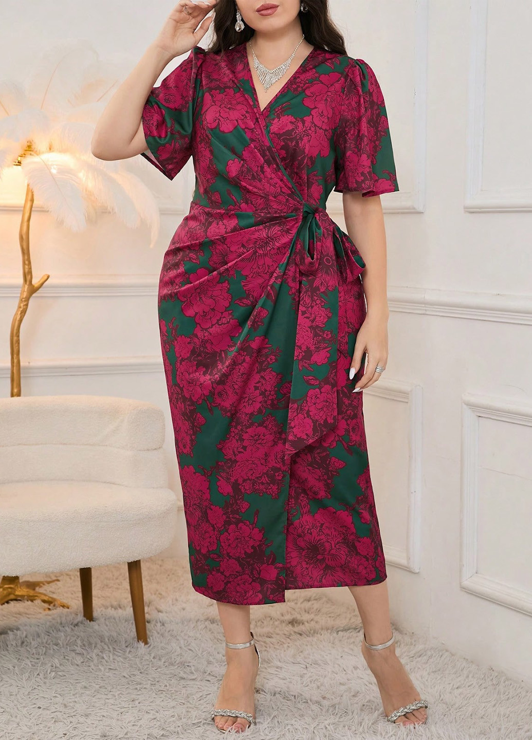 Комбінована ділова сукня на запах, футляр SHEIN з квітковим принтом