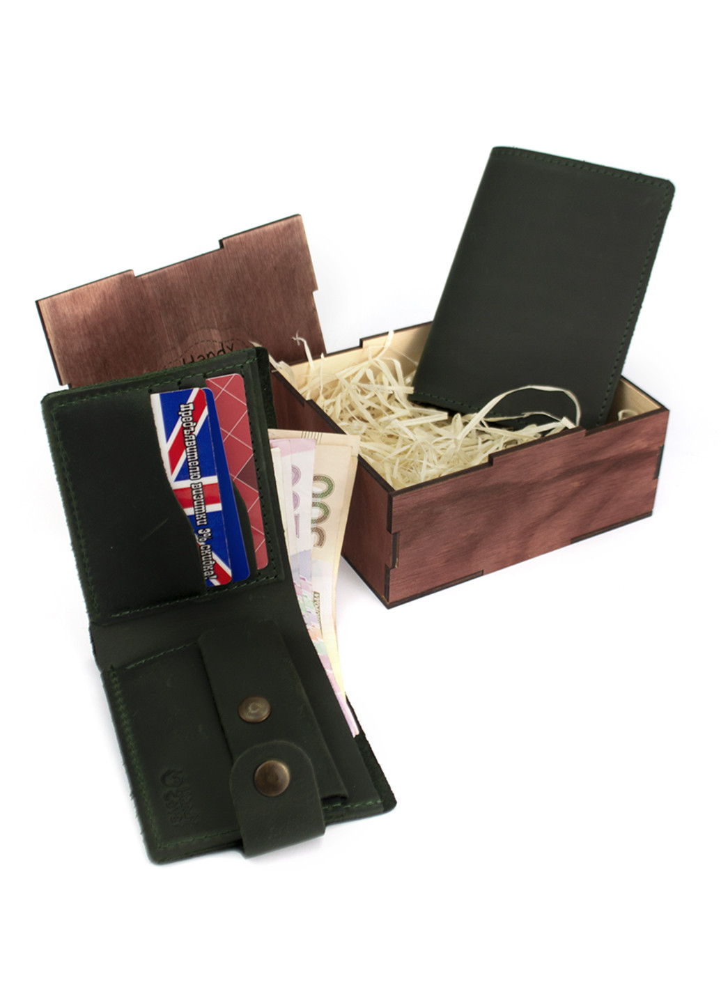 Чоловічий подарунковий набір №47 зелений (гаманець і обкладинка на паспорт) в коробці HandyCover (227842482)