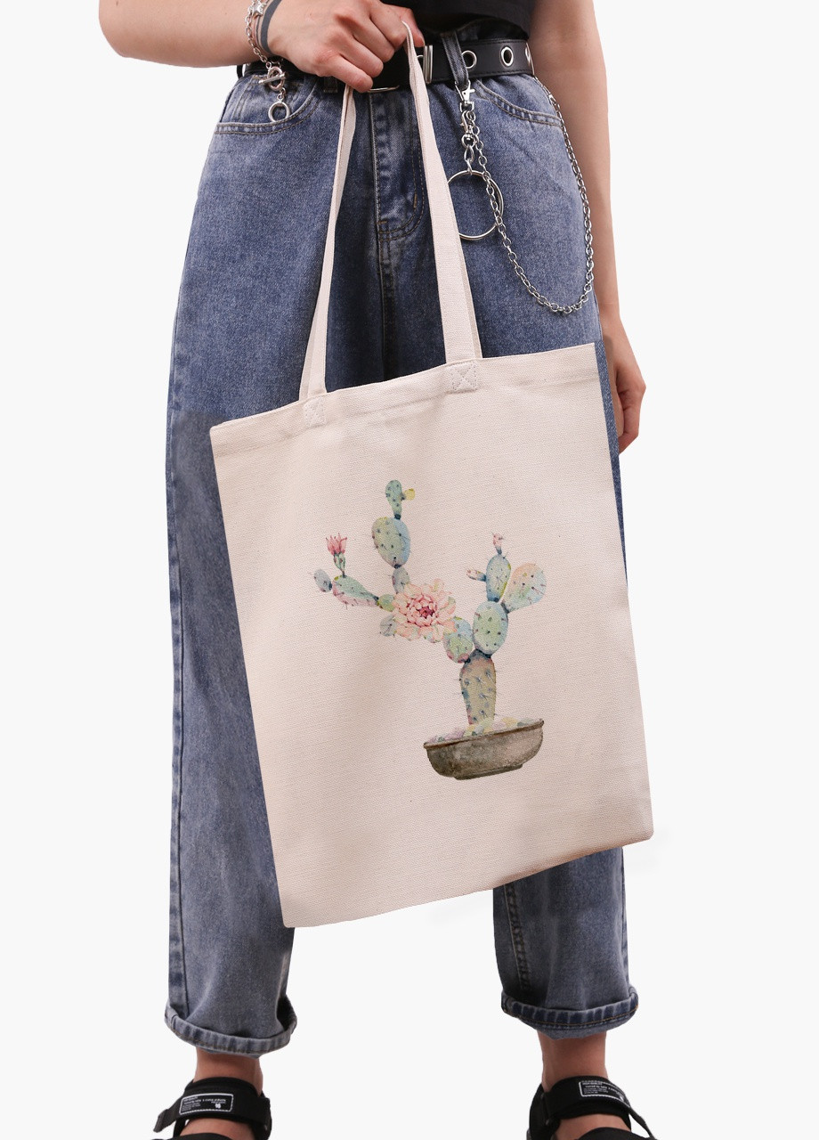 Еко сумка шоппер біла Кактус (Cactus) (9227-1773-WT) екосумка шопер 41*35 см MobiPrint (216642231)