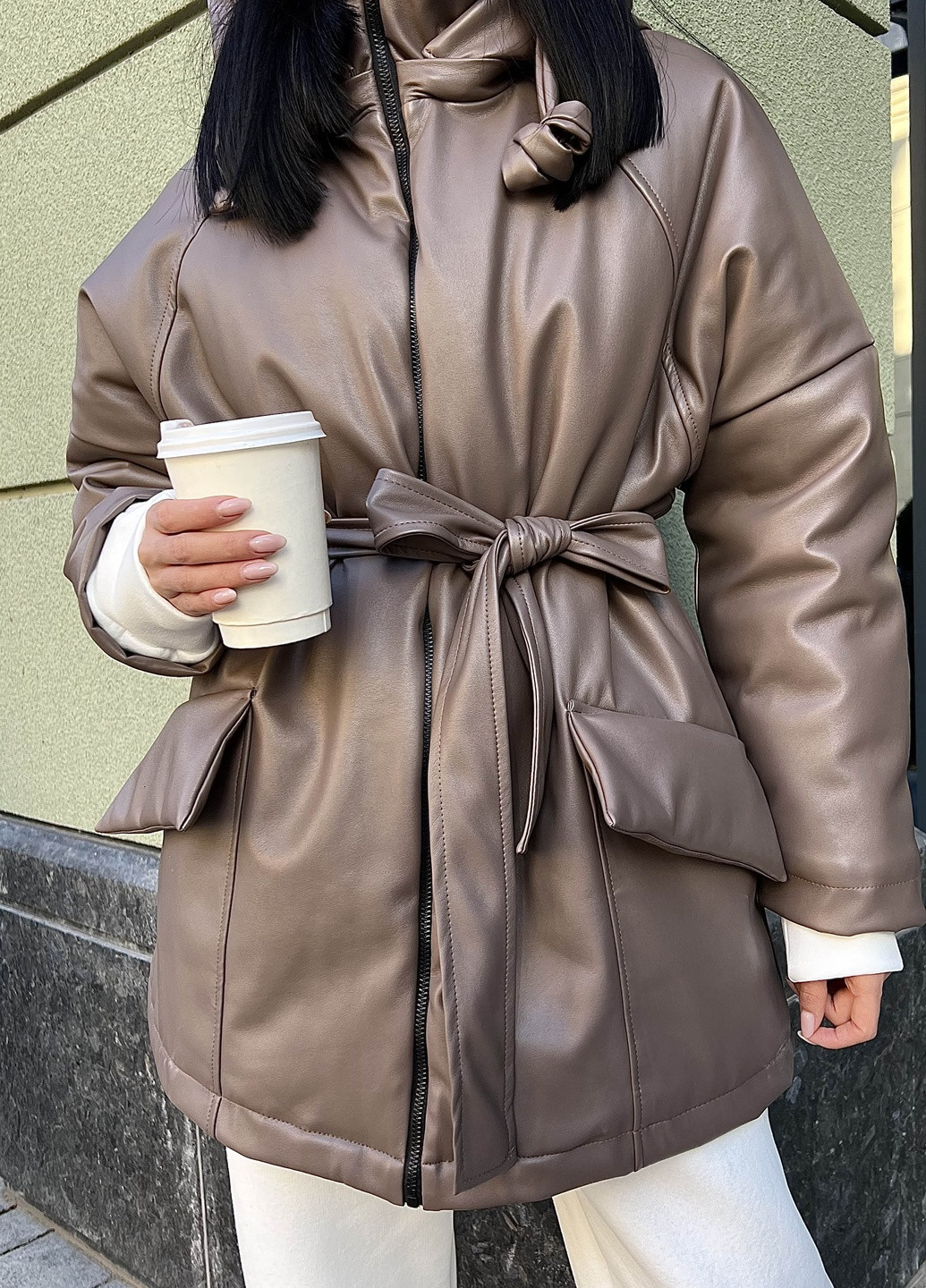 Коричневая зимняя зимняя куртка из эко-кожи на утеплителе Jadone Fashion
