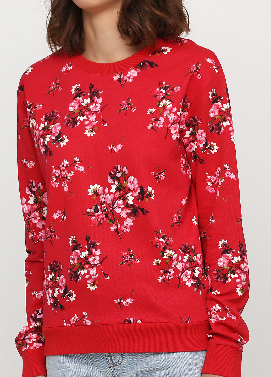 Свитшот H&M - Прямой крой цветочный красный кэжуал - (152508527)