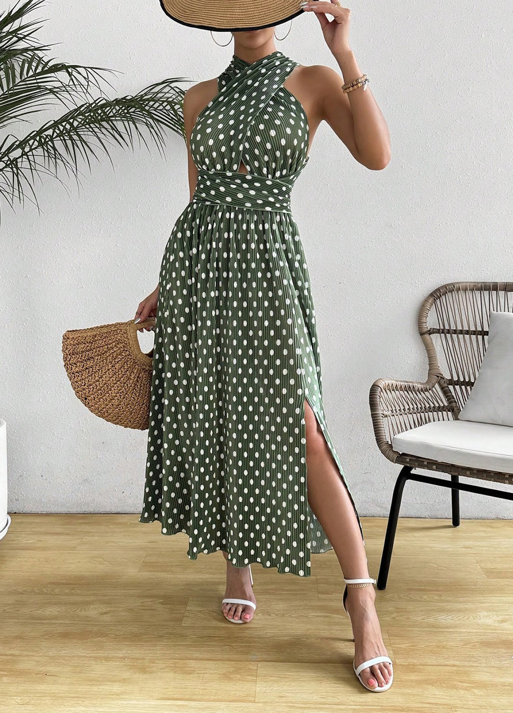 Темно-зеленое кэжуал платье а-силуэт SHEIN в горошек