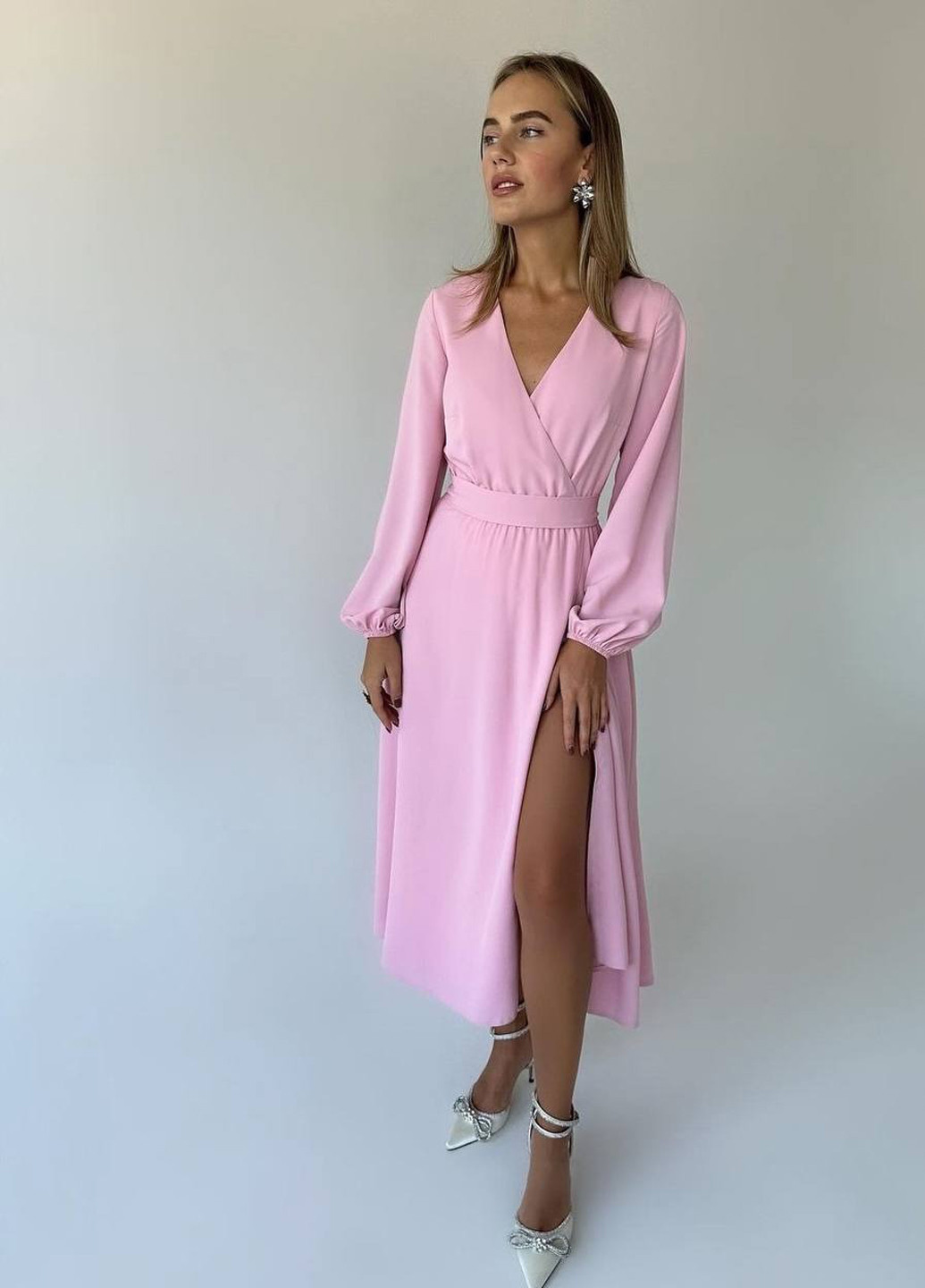 Розовое вечернее, кэжуал платье на запах No Brand однотонное