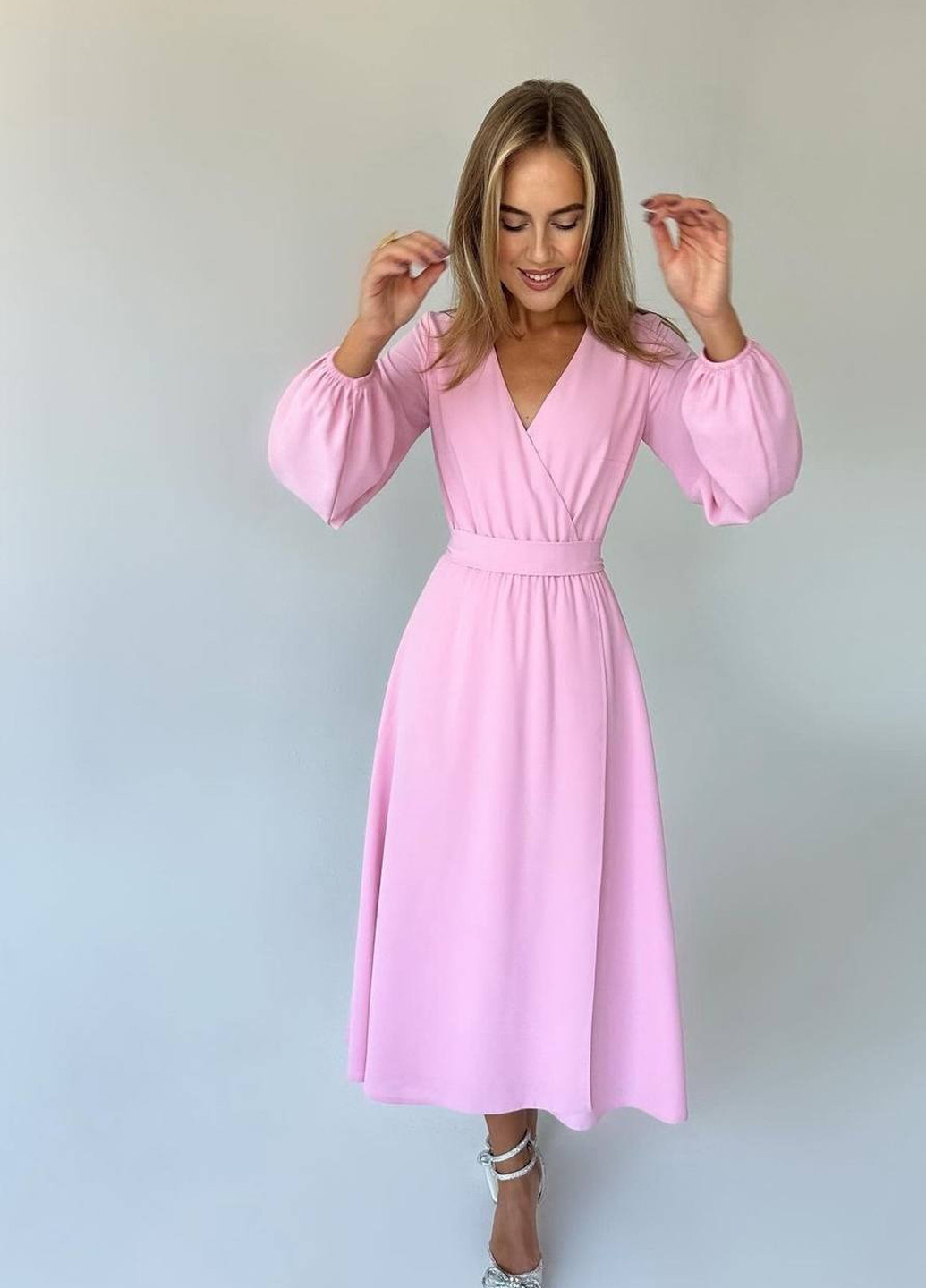 Розовое вечернее, кэжуал платье на запах No Brand однотонное