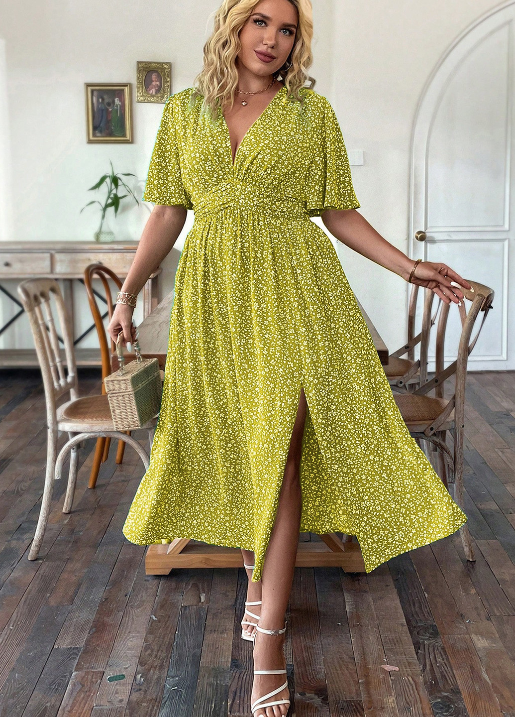 Лайм кэжуал платье в стиле ампир SHEIN с цветочным принтом