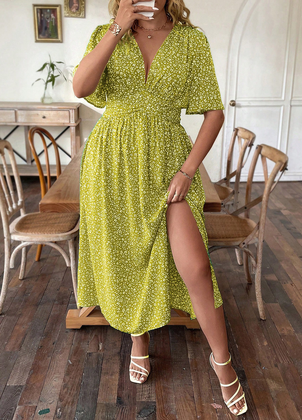 Лайм кэжуал платье в стиле ампир SHEIN с цветочным принтом