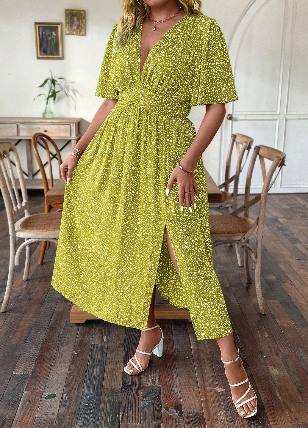 Лайм кэжуал платье в стиле ампир SHEIN с цветочным принтом