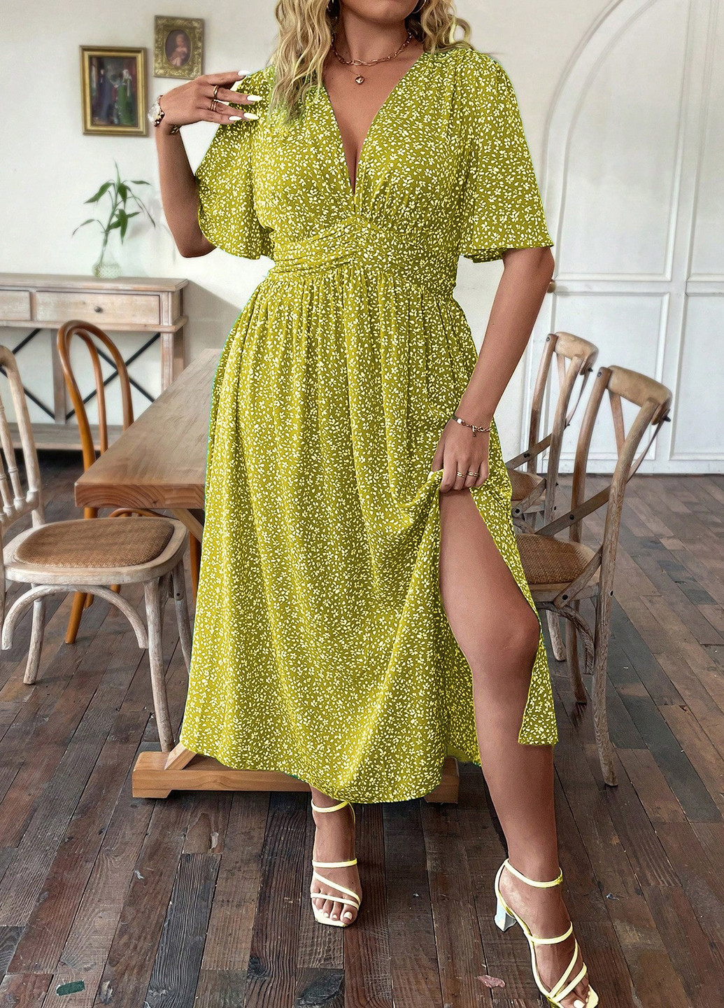 Лайм кэжуал платье в стиле ампир SHEIN с цветочным принтом