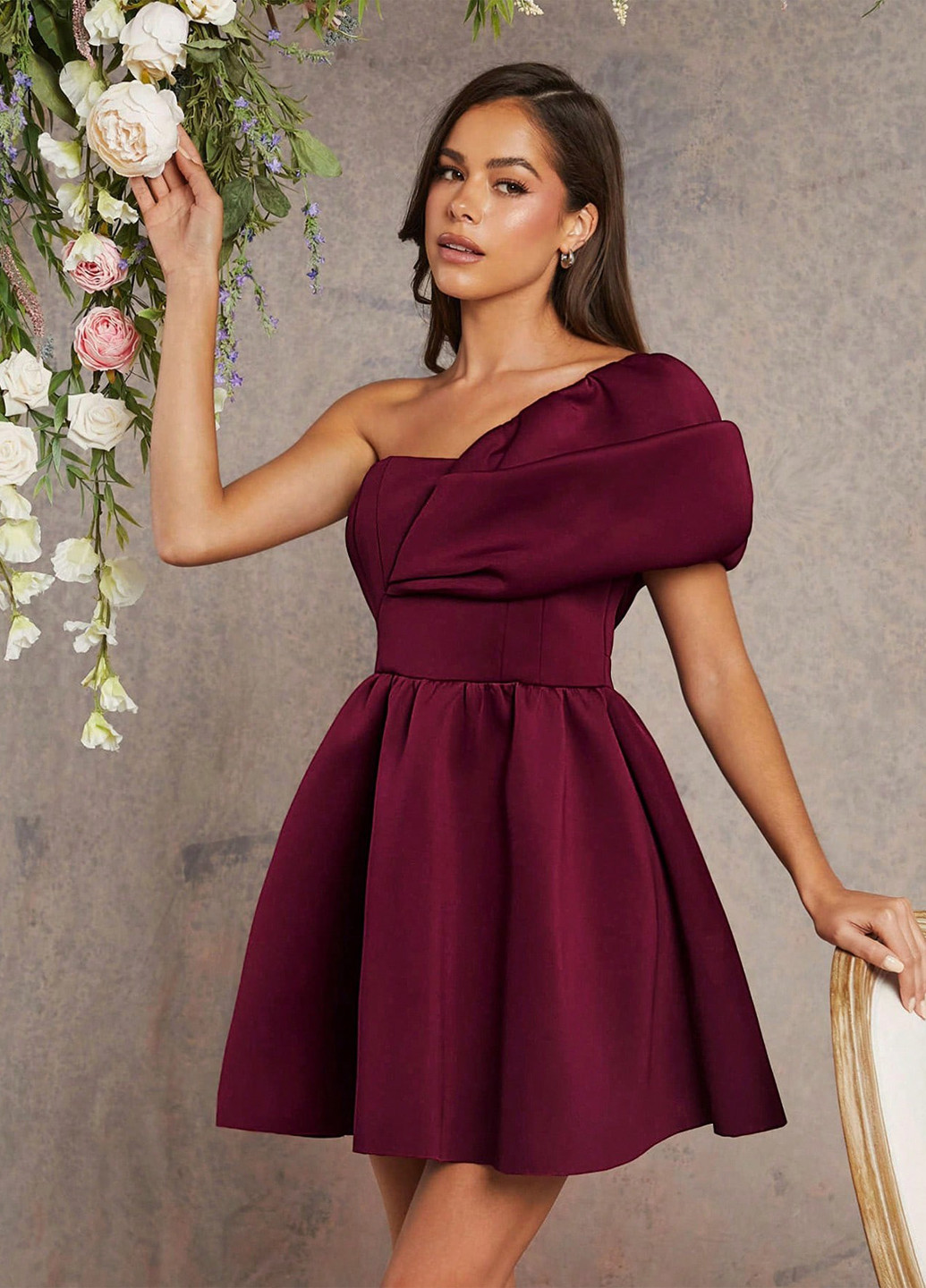 Бордова кежуал, коктейльна сукня бебі долл, з відкритою спиною SHEIN однотонна