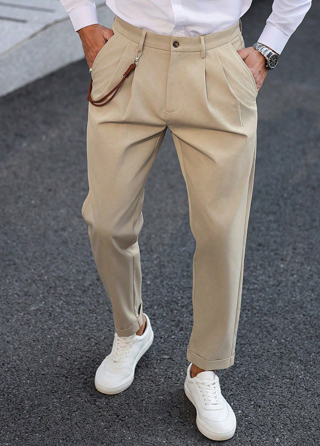 Светло-бежевые праздничный, кэжуал, классические демисезонные зауженные брюки SHEIN