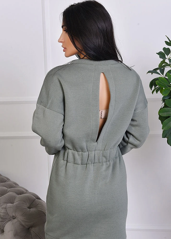 Оливковое (хаки) кэжуал платье Let's Shop однотонное