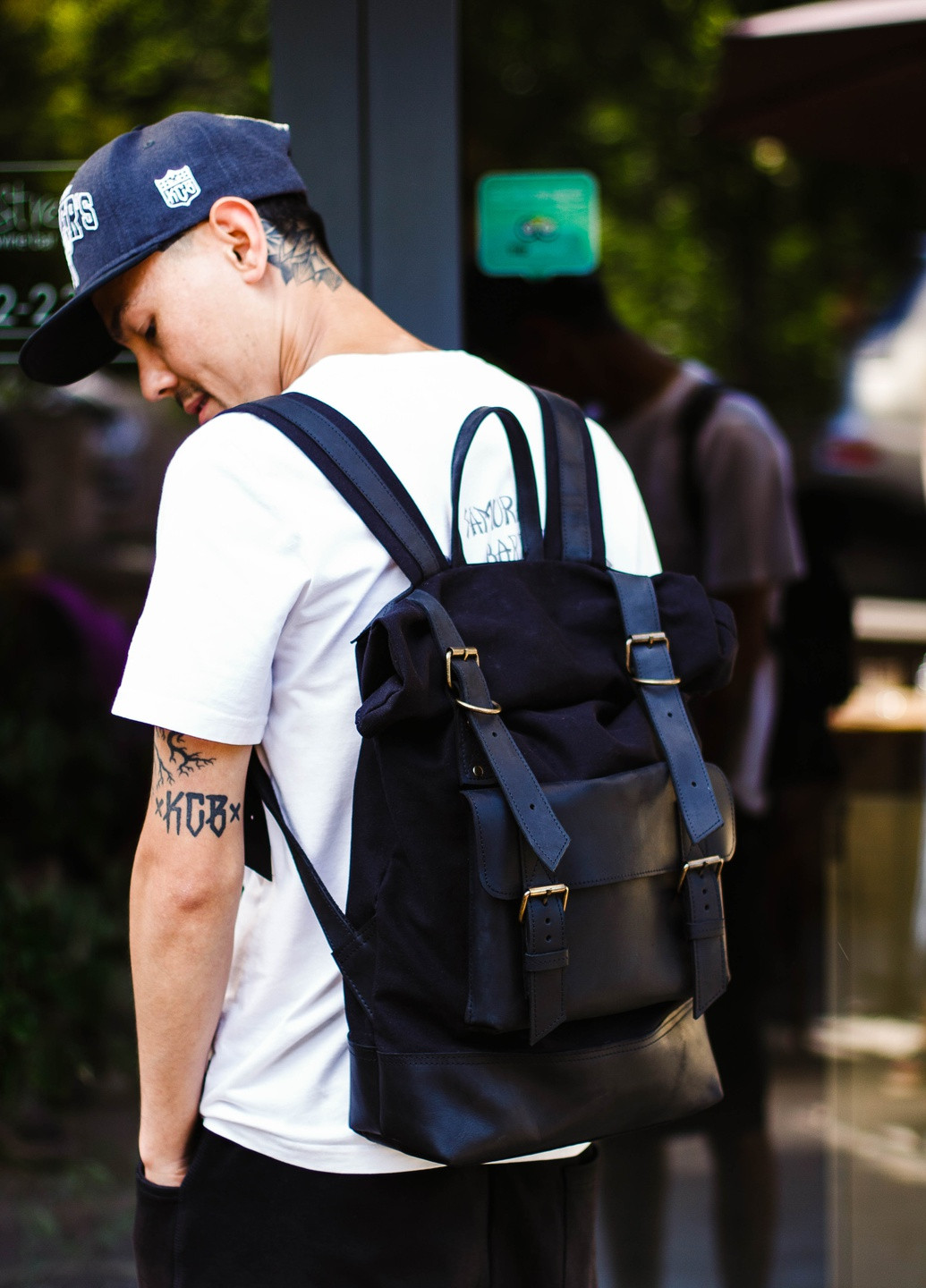 Функциональный рюкзак ручной работы из хлопка и натуральной винтажной кожи черного цвета Boorbon (253351911)