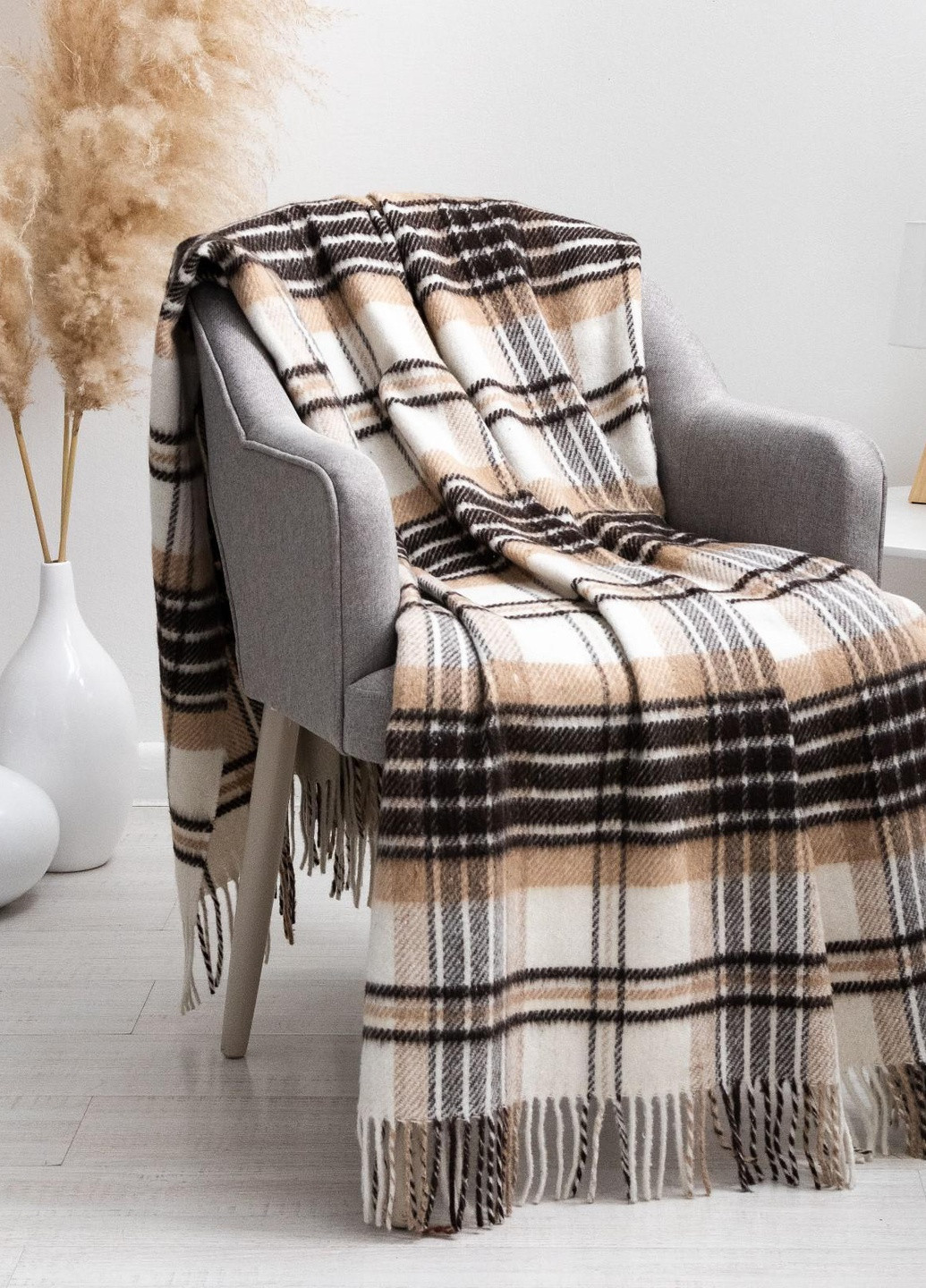 Плед полушерстяной Метро 170х210 бело-бежево-коричневый 4 Vladi (254001971)