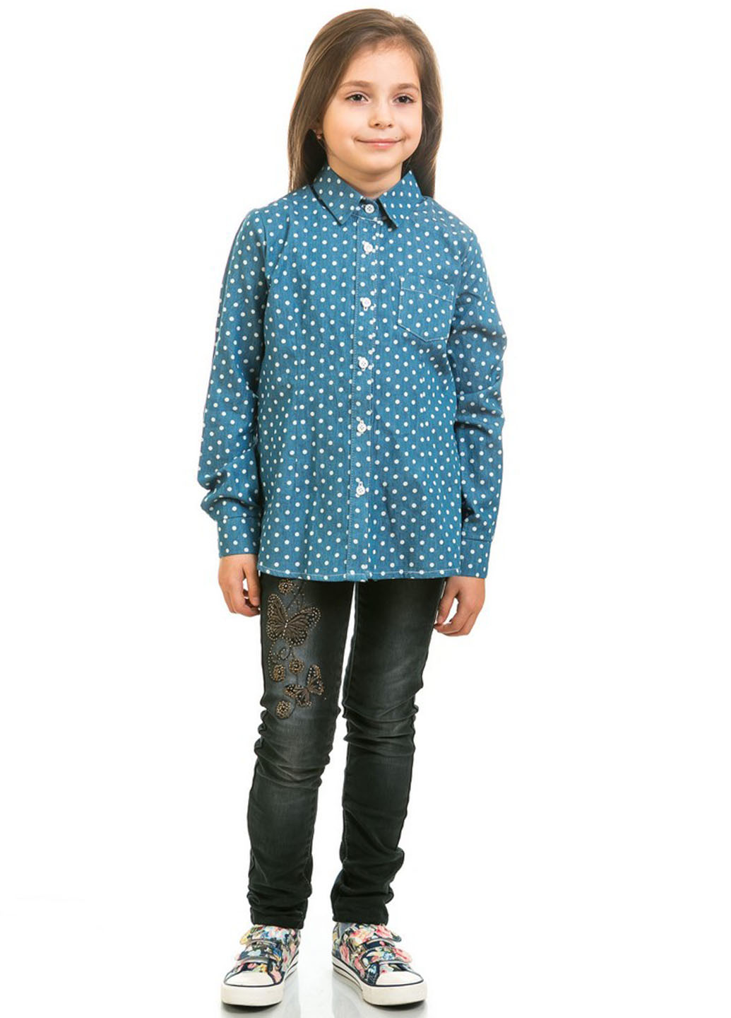Голубая в горошек блузка с длинным рукавом Kids Couture летняя