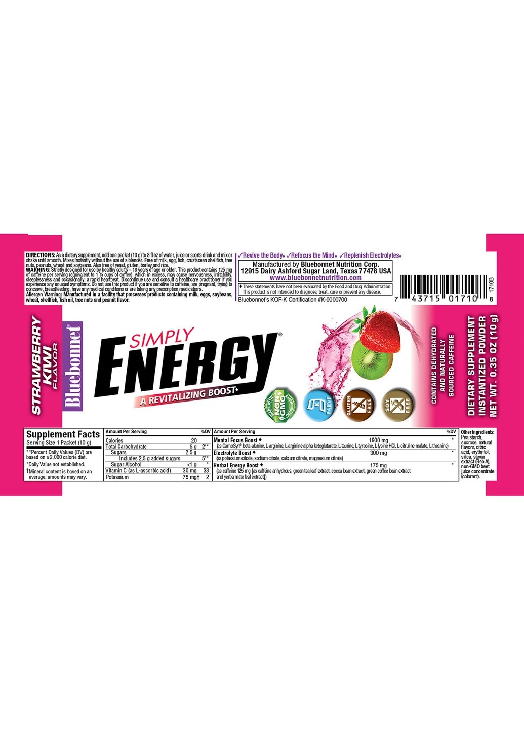 Энергетический напиток в порошке, Вкус Клубники и Киви,, Simply Energy Grape, 15 Bluebonnet Nutrition (255408128)