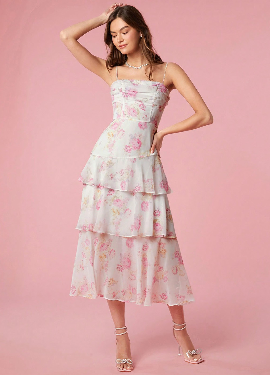 Белое кэжуал платье а-силуэт SHEIN с цветочным принтом