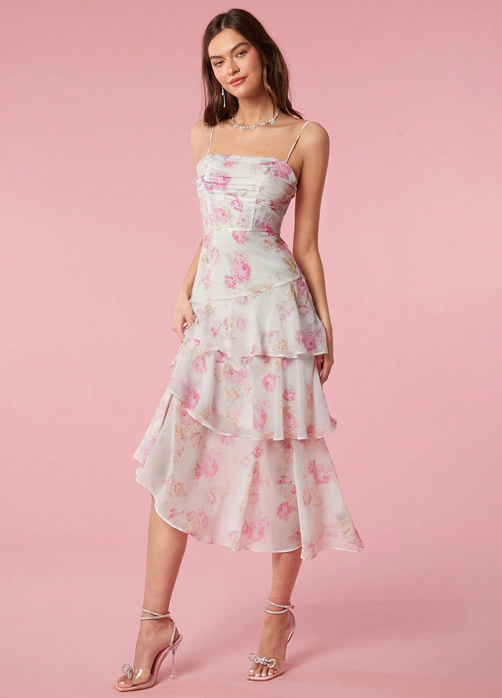 Белое кэжуал платье а-силуэт SHEIN с цветочным принтом