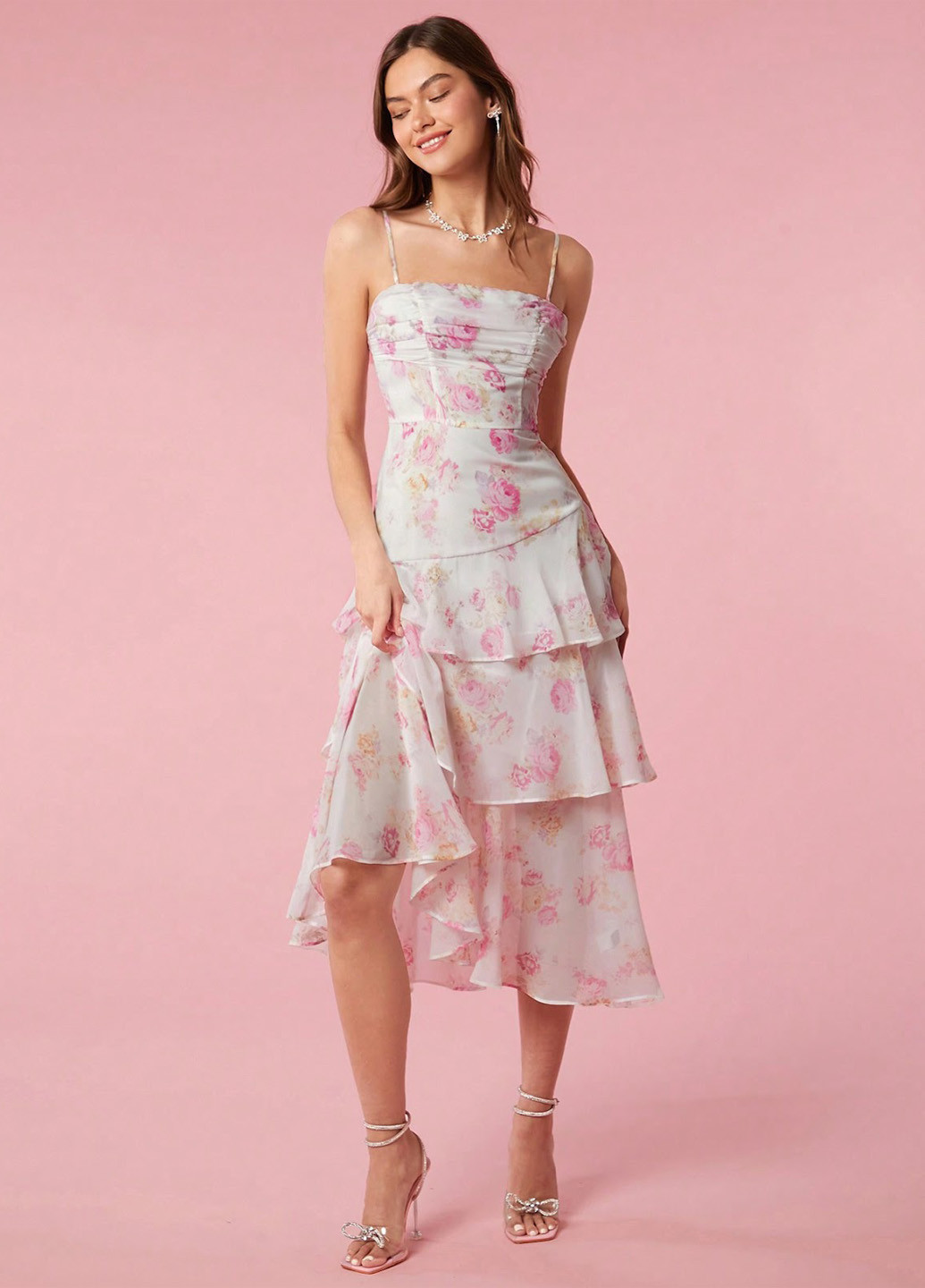 Белое кэжуал платье а-силуэт SHEIN с цветочным принтом