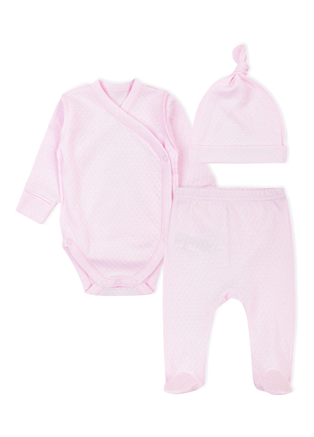 Рожевий демісезонний комплект (шапка, боді, повзунки) KRAKO