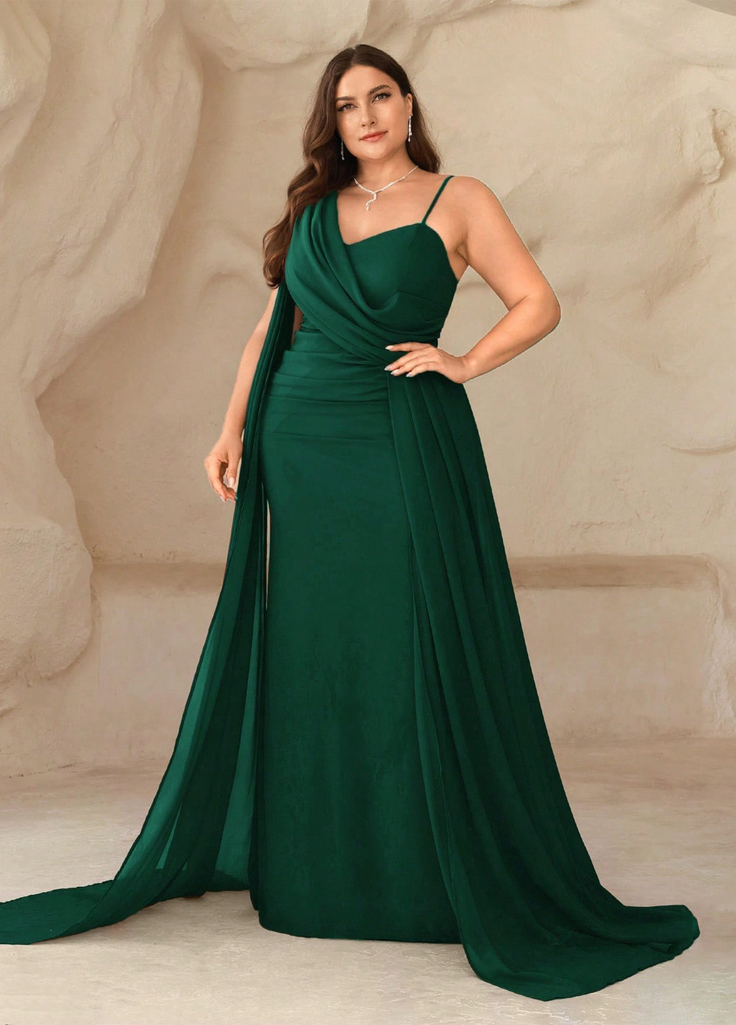 Темно-зелена вечірня, святковий сукня зі шлейфом, на одне плече, з відкритою спиною SHEIN однотонна