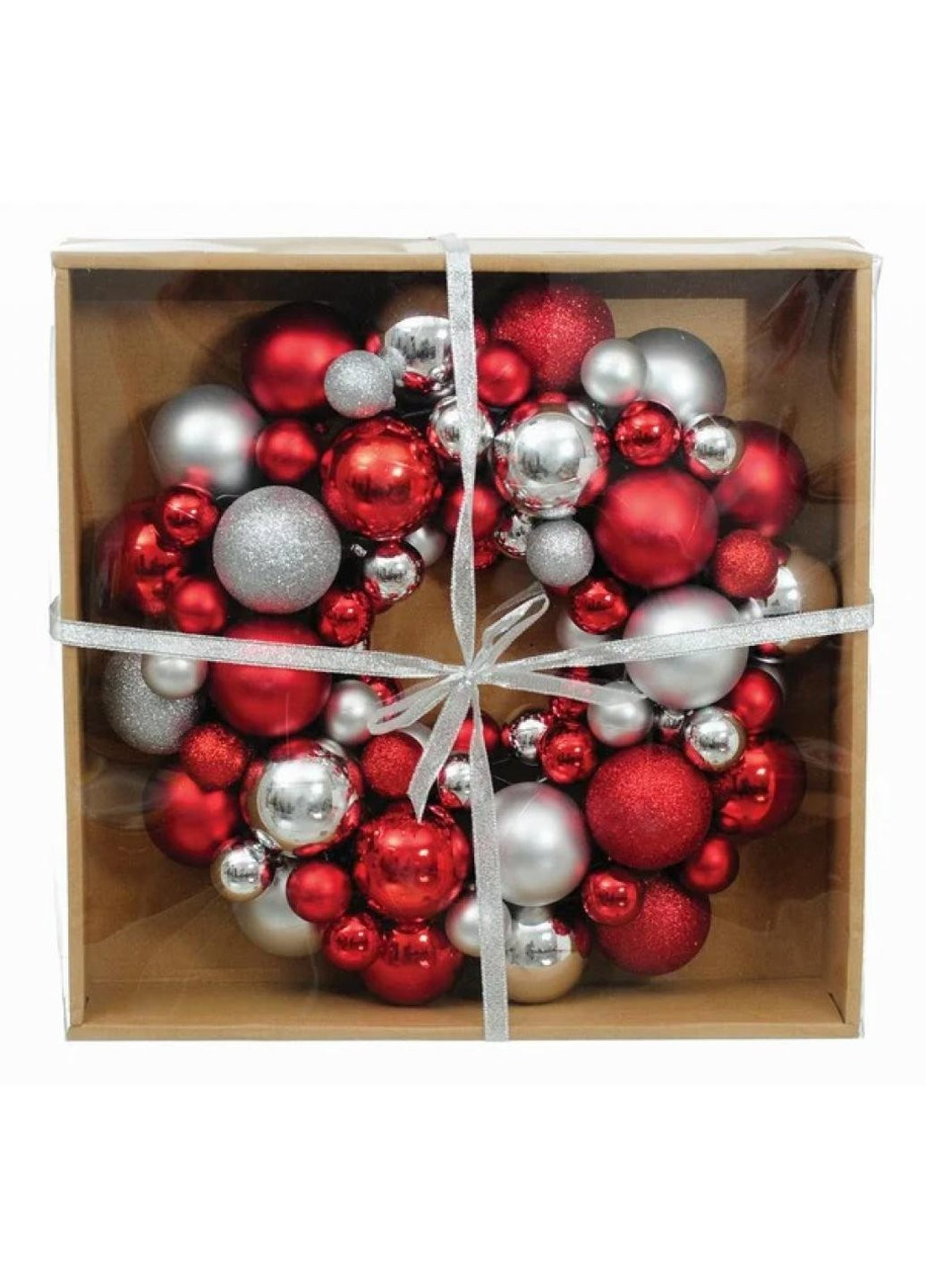 Украшение декоративное Венок с елочных пластиковых шариков 34 см Красно-серебристый (5900410379183) Jumi (254593611)