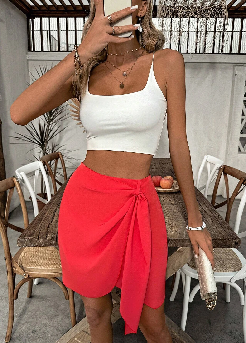 Коралловая кэжуал однотонная юбка SHEIN на запах