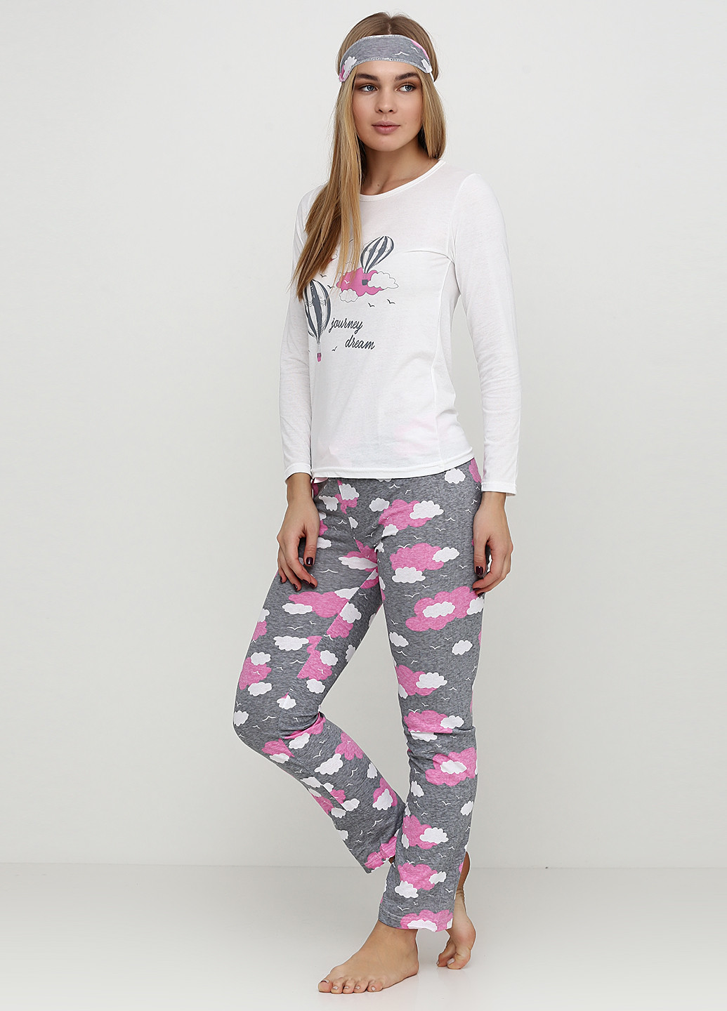 Серый демисезонный комплект (лонгслив, брюки, маска для сна) Stil Moda Pijama