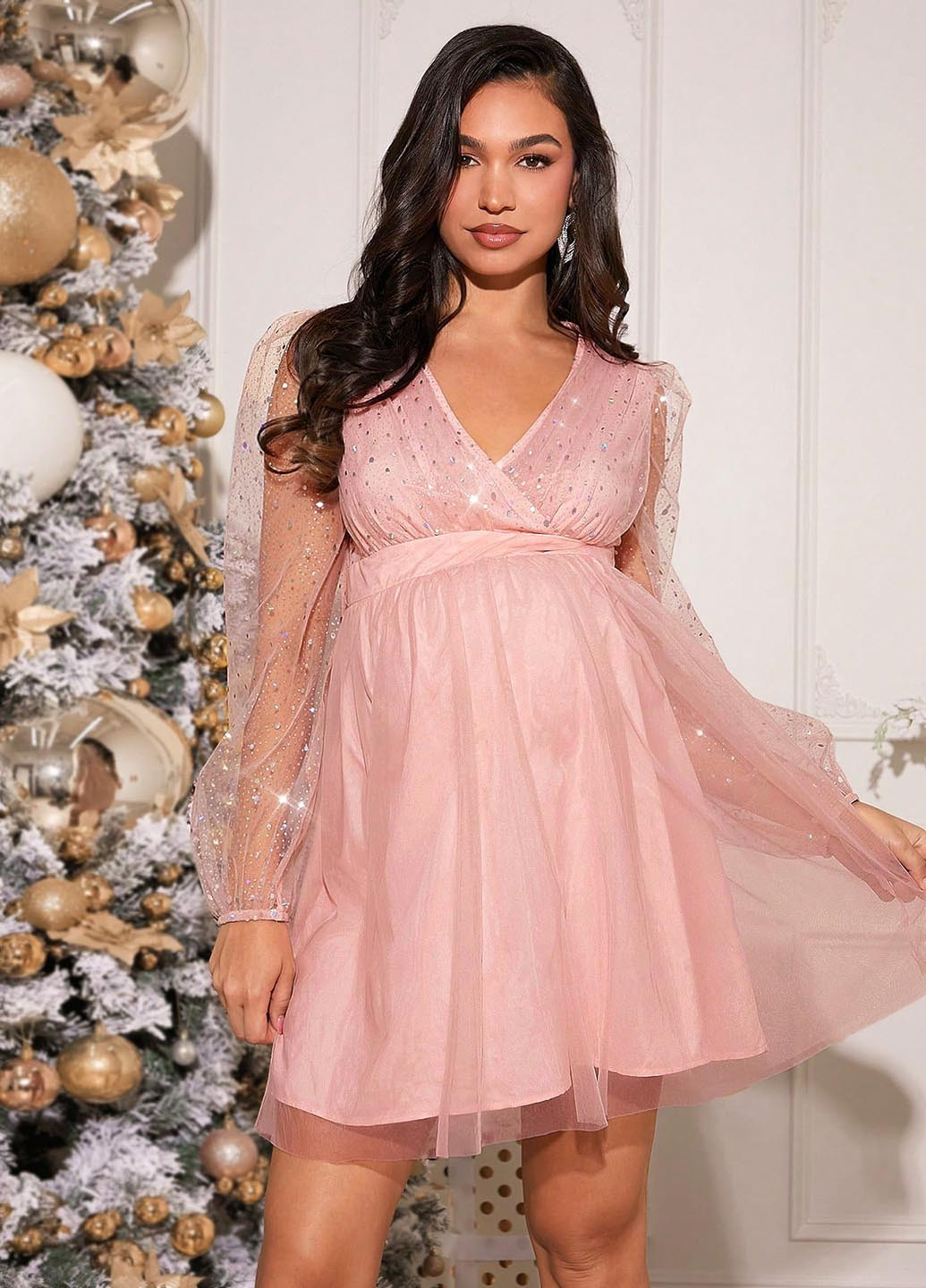 Пудровое праздничный платье для беременных клеш SHEIN однотонное