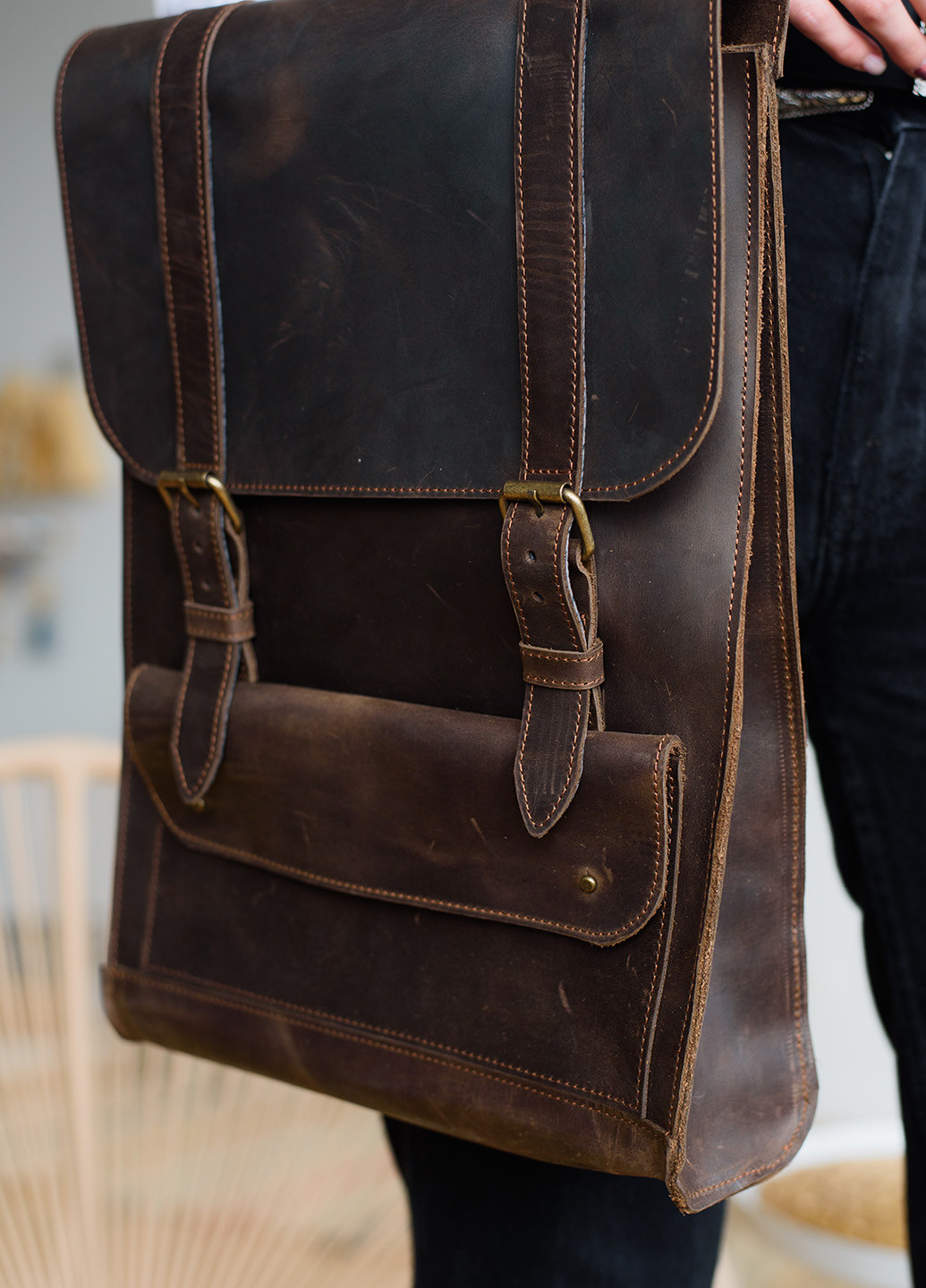 Вместительный женский рюкзак ручной работы из натуральной винтажной кожи синего цвета Boorbon (253702460)