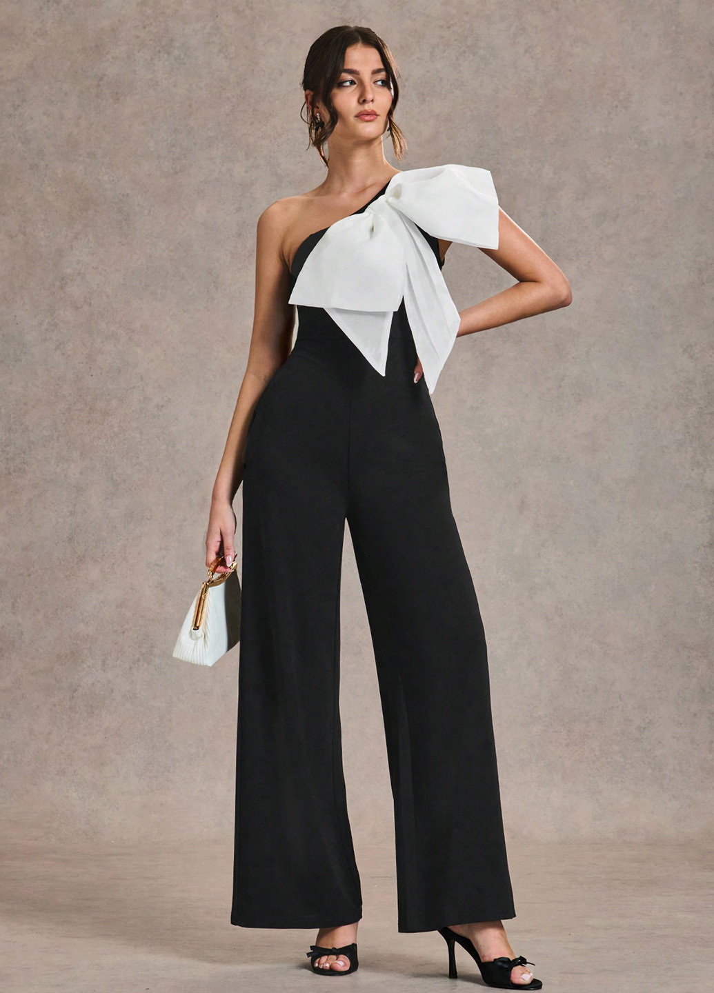 Комбинезон SHEIN комбинезон-брюки колор блок чёрно-белого вечерний, кэжуал полиэстер