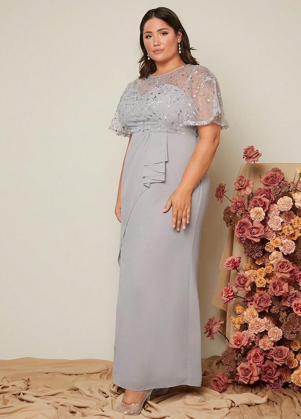 Серое вечернее платье на запах SHEIN однотонное