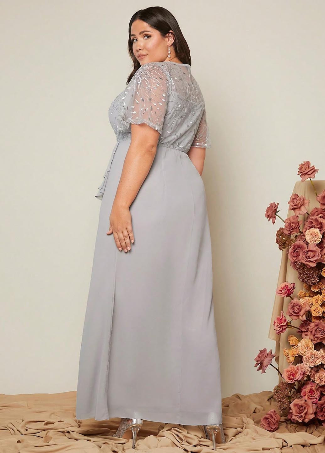 Серое вечернее платье на запах SHEIN однотонное