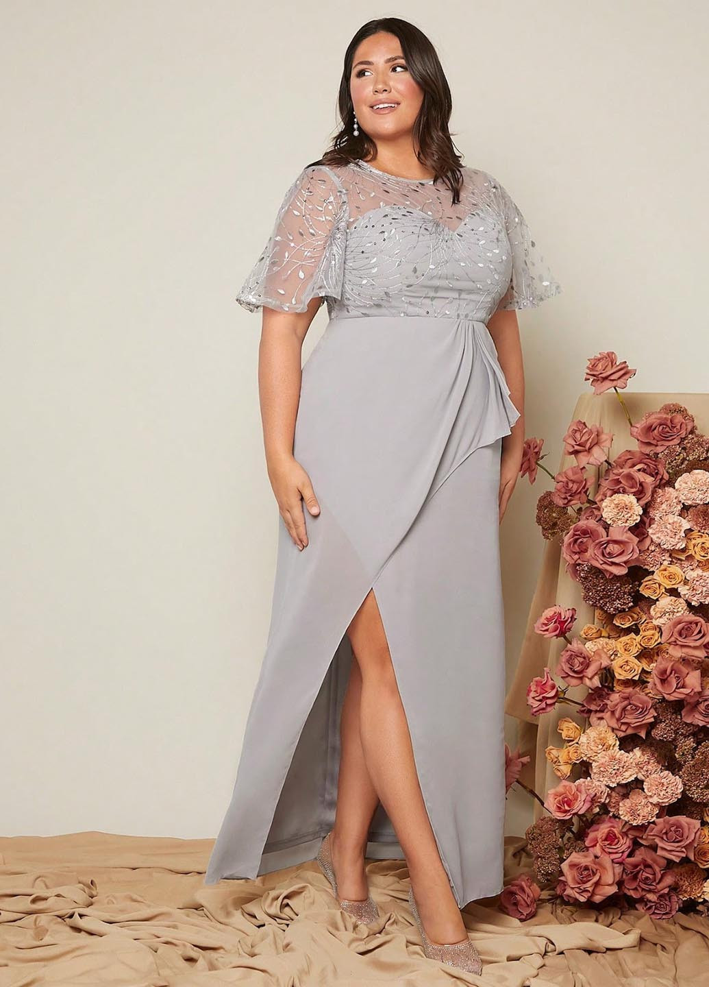 Серое вечернее платье на запах SHEIN однотонное