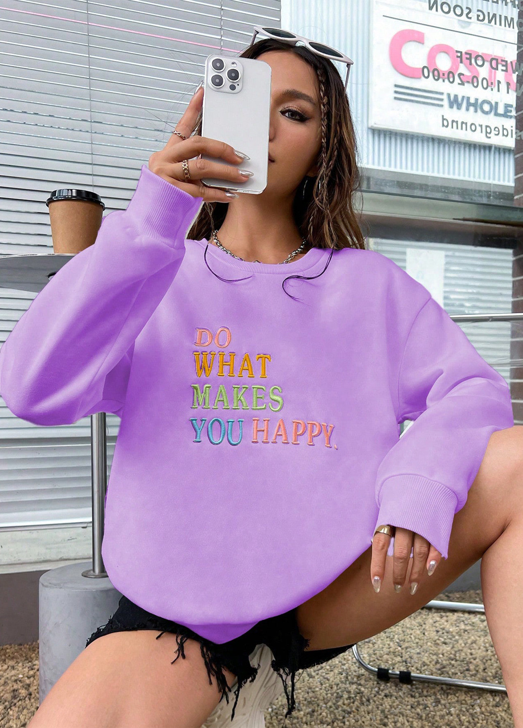 Світло-фіолетовий світшот SHEIN напис вишивка (339053030)